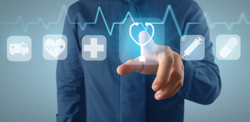 Hand double exposure of healthcare And Medicine concept