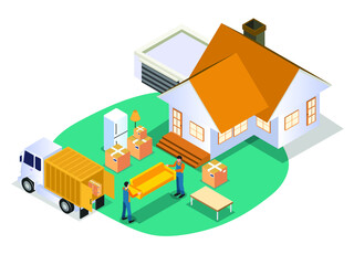 Moving service vector concept. Two male movers carrying a sofa into a truck while moving to new house