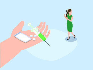 Refusing drugs vector concept: Young woman refusing drugs while offered by male hand