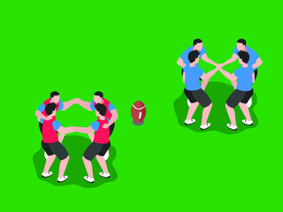 Fototapeta na wymiar American football vector concept. Two American football team ready to competing while embracing each other in the stadium