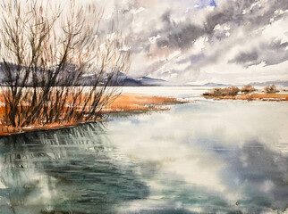 Cloudy spring day by the river. Early spring, the river is in flood. Trees and bushes on the banks of the river.Picture created with watercolors.