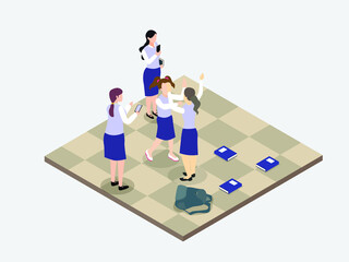 Cyber bullying vector concept. Cyber bullying vector concept. Two female students using a cellphone to filming classmates fight while standing in the school while standing in the school