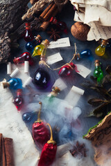Bottles with colored contents are on the table. small bottles of potions and books of spells and recipes are on the wizard's desk in the smoke