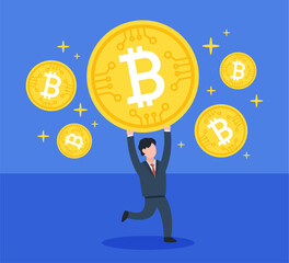 Businessman holding a bitcoin overhead. Creative technology concept of cryptocurrency investment. Symbol of digital coin. Simple trendy cute vector illustration. Modern flat style graphic design.