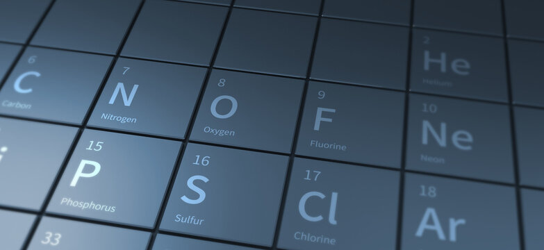 Chemical element symbol on dark periodic table, 3D illustration for science education.