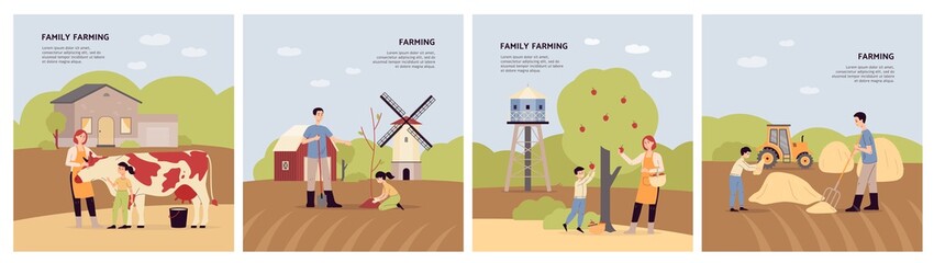 Family farming set of banners with people in farm, flat vector illustration.