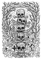 Black and white engraved illustration of scary skulls and bones in cemetery with graves, evil trees and fool moon. Mystic background for Halloween, esoteric, gothic, occult concept, tattoo sketch