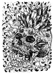 Black and white engraved illustration of scary skull with magic crystals and sun rays or flame. Mystic background for Halloween, esoteric, gothic, occult concept, tattoo sketch