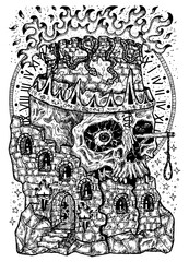 Black and white engraved illustration of destroyed tower and scary scull with flame, gallows and crown. Mystic background for Halloween, esoteric, gothic, occult concept, tattoo sketch
