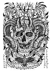 Fototapeta premium Black and white engraved illustration of scary devil or demon with horns, wings, evil symbols and pentagram. Mystic background for Halloween, esoteric, gothic, occult concept, tattoo sketch