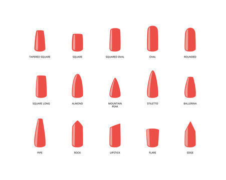 Different shapes of female invoices nails with red polish for fashion manicure
