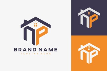 hexagon NP house monogram logo for real estate, property, construction business identity. box shaped home initiral with fav icons vector graphic template - obrazy, fototapety, plakaty