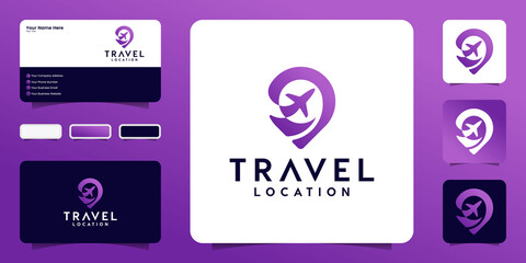 Travel location logo design. Location pin mark and Airplane symbol design and business card