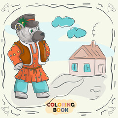 Book color contour illustration for small children in the style of doodle Teddy bear in the national Russian costume
