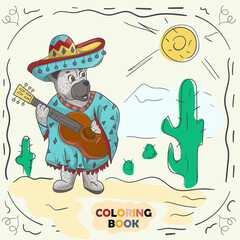 Book color contour illustration for small children in the style of doodle Teddy bear with guitar in the national costume of the Mexican