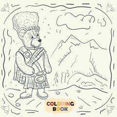 Coloring book for young children contour illustration in the style of doodle Teddy bear in the national costume of the Scotsman