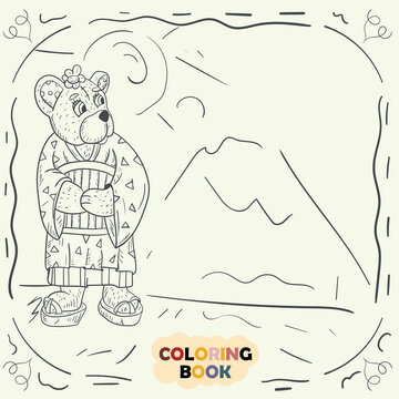 Coloring Book for Young Children Contour Illustration in Doodle style Teddy Bear girl in National Japanese kimono geisha costume
