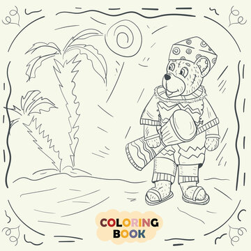 Coloring book for young children contour illustration in the style of doodle Teddy bear in the national costume of the Nigerian