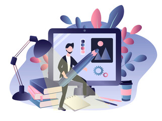 vector illustration on the theme of web design, the work of the designer. man with pencil and computer. online work. trend illustration in flat style