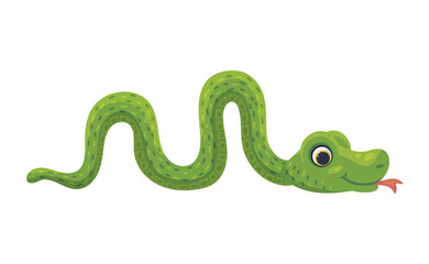 Funny green smiling cute animal snake a flat cartoon vector illustration.