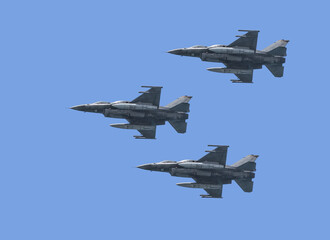 Fototapeta na wymiar Israeli military fighter jets flies in blue sky. Independence day 