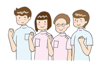 並んでガッツポーズをする医療医療従事者たち