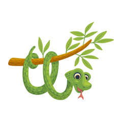 Green cartoon snake hanging from tree branch - cute reptile animal