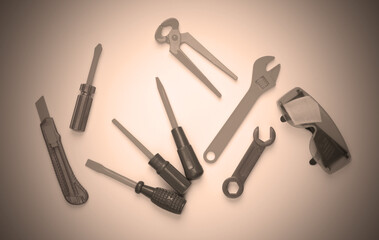Set of children's toy work tools. Top view
