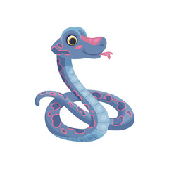 Blue snake character curled up in a ball, flat vector illustration on white.