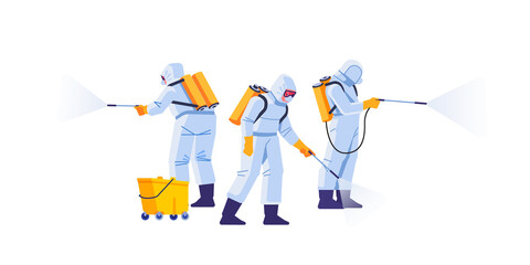 Disinfecting workers wear protective masks and spacesuits against pandemic coronavirus or covid-19 sprays. COVID-19 Coronavirus disinfect. Cartoon style vector illustration isolated background
