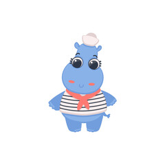 Funny blue skin hippo sailor cartoon character flat vector illustration isolated.