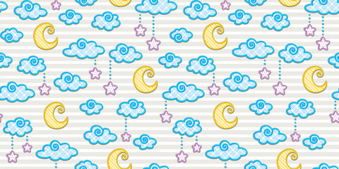 Flat clouds and Moon with a textile texture, stars on beads on a beige striped background. Vector seamless pattern for kid's wallpaper, wrapping paper, packaging, printing on fabric, textile, clothes