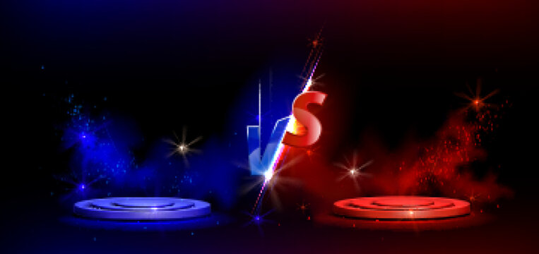 Versus VS sign with blue and red empty podiums or pedestals, glow sparks and smoke on black background. Sport confrontation, martial arts combat, fight competition or challenge, Realistic 3d vector