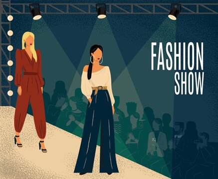 Fashion show concept vector illustration. Hand drawn fashion week poster with models on a catwalk podium. Woman in different design dress. Female clothes design collection