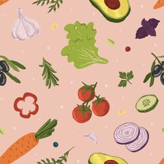 Seamless background with vegetables. Vector hand drawn illustration. Healthy food