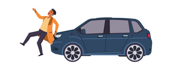 Car hit man. Auto accident concept. Vehicle bumped pedestrian. Man crosses road injured by automobile. Transport collision with walking character. Vector driver violated traffic rules