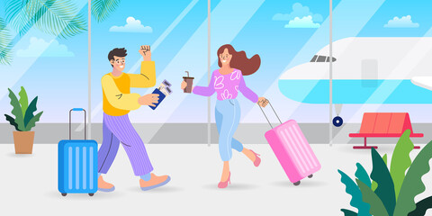 Get ready for your next journey! A couple waits in the airport lounge, symbolizing the excitement of travel and a relaxing holiday start. Perfect for promoting travel and airport experiences.