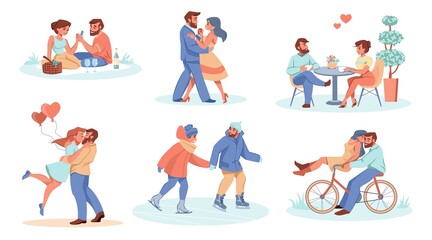 Dating couple. Romantic boy and girl spend time together. People in love riding bicycle and ice skates. Happy persons hugging or dancing. Pair of lovers eating in cafe, vector scenes set