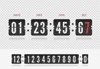 Analog airport board countdown timer with hour and minute flip number. Vintage flip clock time counter vector template. Scoreboard number font with shadows isolated on white background.