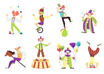 Clowns performing tricks and acrobatics, flat vector illustration isolated.