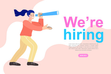 Find people employer business concept. We're Hiring Speech. Job hiring and online recruitment. Human resources. HR with binoculars is looking for creative workers.