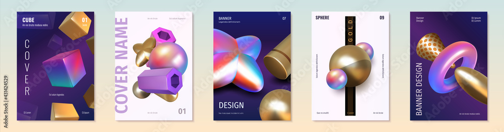 Poster render shapes posters. abstract 3d holographic metallic elements. golden and iridescent geometric fi
