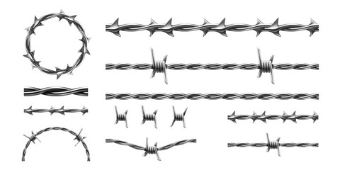 Realistic barbed wire. Prison metal fence elements. 3d military border. Jail protective barrier. Types set of metallic cables with thorns. Vector intertwined of lines, boundary template - obrazy, fototapety, plakaty