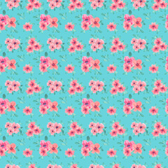 Watercolor pink flowers with leaves on a light turquoise background. Seamless beautiful blooming pattern for banner design, business cards, brochures, invitation cards, wrapping paper, gift cards