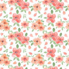Watercolor peach delicate flowers with leaves on a white background. Seamless blooming pattern for the design of banners, business cards, brochures, invitations, wrapping paper, gift cards