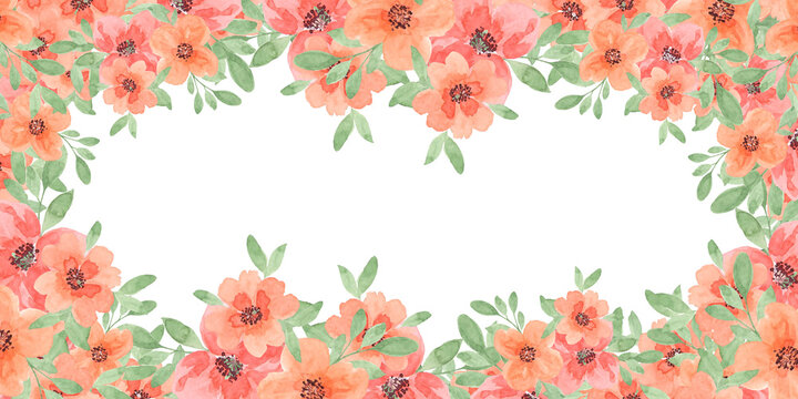 Watercolor flowers on the edges of a horizontal banner on a white background. Blank for design and printing. Copy space