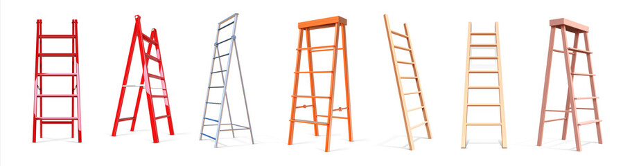 Realistic ladders. Wooden or metal staircase. 3D stepladder. Step construction. Work equipment. Types set of instruments for climbing. Vector development and personal growth concept