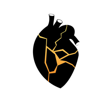 Black heart with marble gold pattern. Kintsugi. The concept of restoring a broken heart. Unhappy love. Vector flat illustration on a white isolated background.