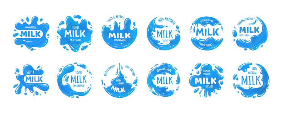 Milk splash logo. Dairy products brand badges. Natural drink stickers with drops. Healthy food branding. Label set of fresh tasty beverages. Vector blue streams and white lettering