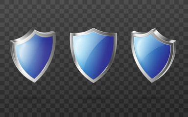 Set of blue glass guard shield with silver frame, sign of security and protection